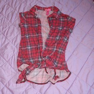 Mix&Co Red and Black Plaid Cropped Tie Front Button Down Top Small